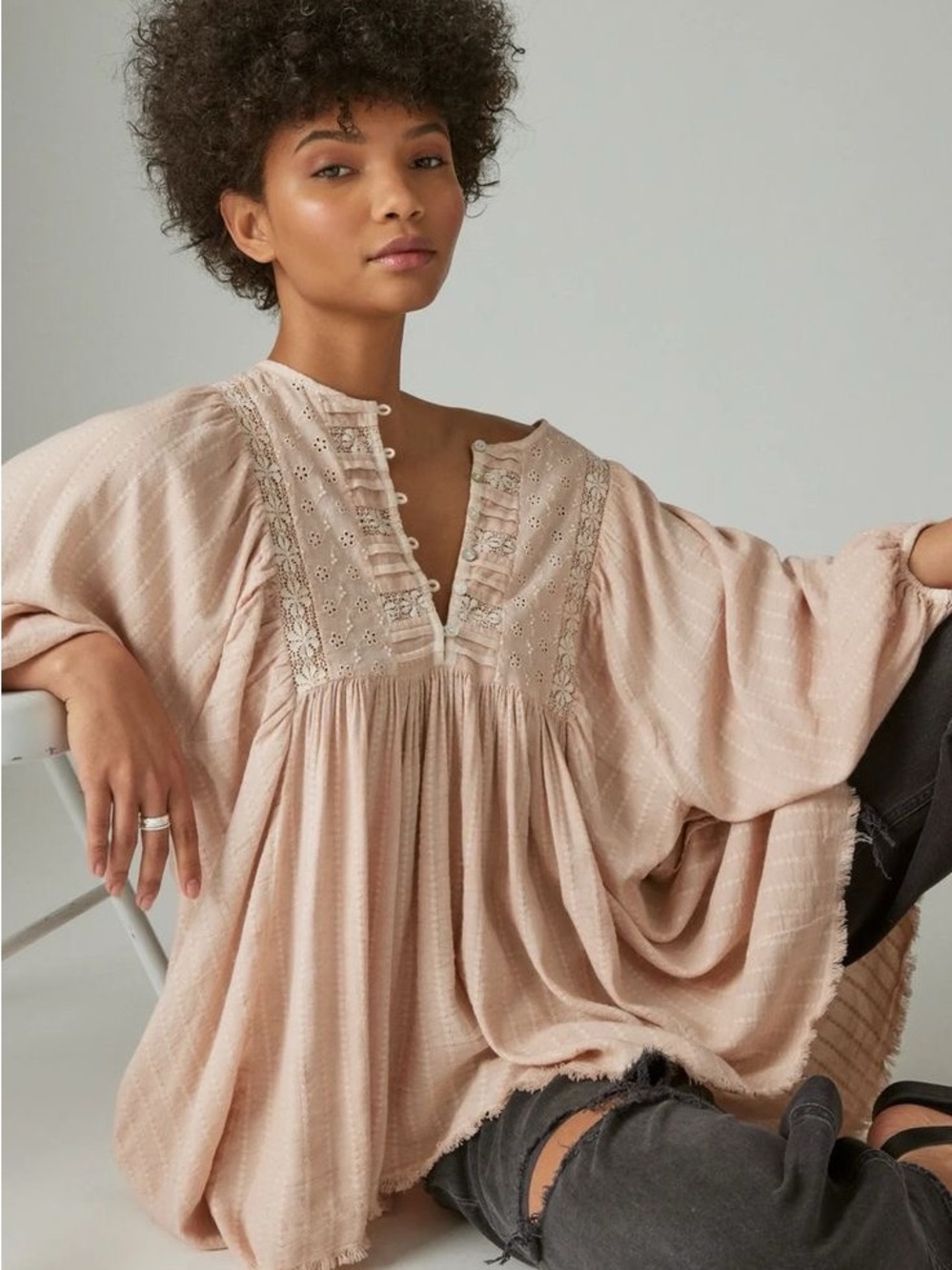 Lucky Brand Lace Yoke Tunic Top Cotton Viscose Peach Whip Medium Cottage Prairie - Picture 12 of 14